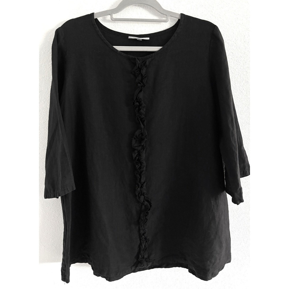 Bryn Walker Top Womens Lrg‎ Black Lagenlook Linen 3/4 Sleeve Ruffle Boho Minimal